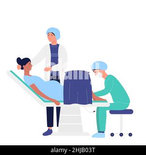 Pregnant woman giving baby birth in hospital. Childbirth process in clinical gynecology cartoon vector illustration Stock Vector