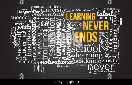 Learning never ends word cloud template. Creative concept vector background. Stock Vector