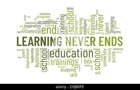 Learning never ends word cloud template. Creative concept vector background. Stock Vector