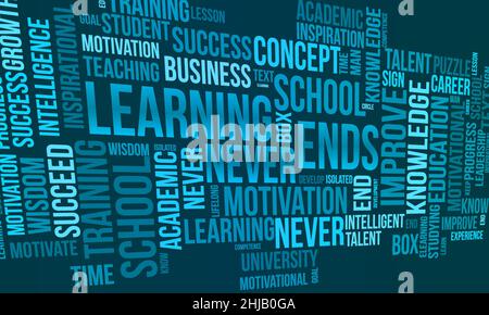 Learning never ends word cloud template. Creative concept vector background. Stock Vector