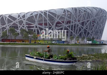 File photo dated 26-07-2008 of Lilies are planted in a lake out side the Beijing National Stadium. 13 - venues for the Games, with seven in the Beijing zone including five which were also used at the 2008 Summer Olympics - one of which, the 'Bird’s Nest' National Stadium, will host the opening and closing ceremonies but no sports this time around. Issue date: Friday January 28, 2022. Stock Photo