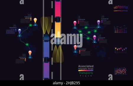 truck transports associated company factory world map mark point infographic design with summary graph chart data vector illustration eps10 Stock Vector