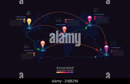 associated company factory world map mark point infographic design with graph chart data vector illustration eps10 Stock Vector