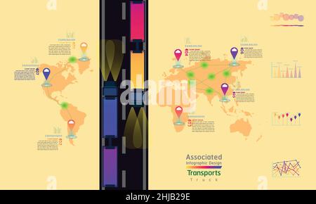 truck transports associated company factory world map mark point infographic design with summary graph chart data egg tone vector illustration eps10 Stock Vector