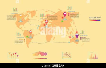 associated company factory world map mark point infographic design with summary graph chart data egg tone vector illustration eps10 Stock Vector