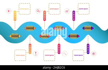 shipment floating in ocean way roadmap timeline elements with markpoint graph think search gear target icons. vector illustration eps10 Stock Vector