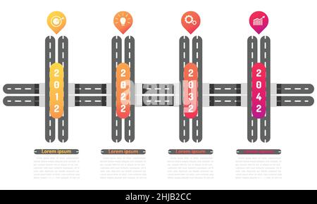 tunnel way roadmap timeline elements with markpoint graph think search gear target icons. vector illustration eps10 Stock Vector