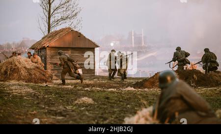 Reconstruction of Battle during events dedicated to 70th anniversary of the Victory of the Soviet people in the Great Patriotic War. Stock Photo