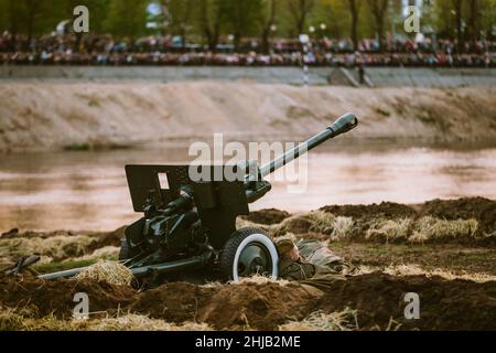 Reconstruction of Battle during events dedicated to 70th anniversary of the Victory of the Soviet people in the Great Patriotic War. Stock Photo