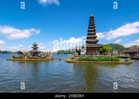 Bali water temple on Bratan Lake is the most beautiful temple in Bali, Indonesia.  Pura Ulun Danu Beratan Temple is located by the lake.