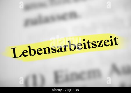 Illustration of the German word Lebensarbeitszeit meaning working lifetime on the white paper Stock Photo