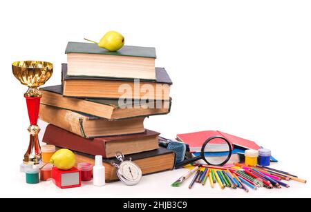 bright stationery and books isolated on white Stock Photo