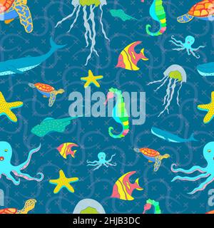 pattern seamless set of sea animal. world ocean day. doodle hand drawing colorful design style. vector illustration eps10 Stock Vector