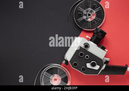 Top view of movie elements on a bicolored background Stock Photo