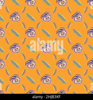 Hand drawn viola flowers in embroidery style seamless pattern. Stock Vector