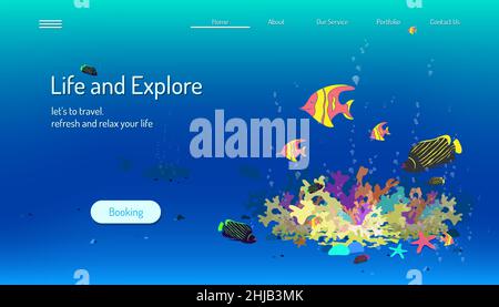landing page website template. life and explore. let's to travel refresh and relax your mind. blue tone background. vector illustration eps10 Stock Vector