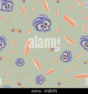 Hand drawn viola flowers in embroidery style seamless pattern. Stock Vector