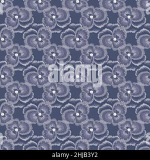 Hand drawn viola flowers in embroidery style seamless pattern. Stock Vector