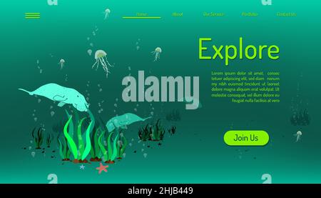 landing page website template. explore ocean life. time to travel. green tone background. vector illustration eps10 Stock Vector