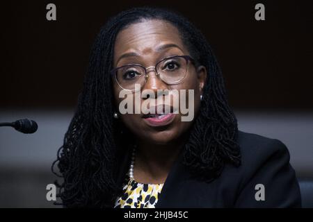 Washington, United States. 28th Jan, 2022. File photo dated April 28, 2021 of Ketanji Brown Jackson, nominee to be U.S. Circuit Judge for the District of Columbia Circuit, testifies during her Senate Judiciary Committee confirmation hearing in Dirksen Senate Office Building in Washington, DC, USA . Photo By Tom Williams/Pool/ABACAPRESS.COM Credit: Abaca Press/Alamy Live News Stock Photo