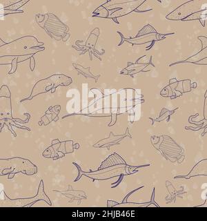 pattern seamless set of ocean animal. world ocean day. doodle hand drawing design style. vector illustration eps10 Stock Vector