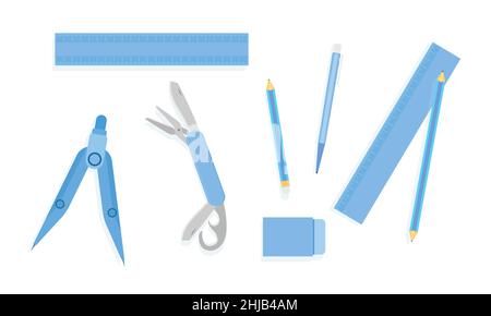 ruler pencil pen eraser compasses pocket knife basket blue tone vector illustration eps10 Stock Vector
