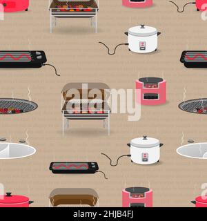 seamless pattern set of kitchen equipment with pan boiler tank toaster charcoal rice cooker. vector illustration eps10 Stock Vector