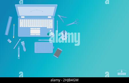 creative art design studio top view concept blue tone vector illustration eps10 Stock Vector