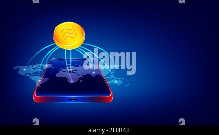 luxury gold libra cryptocurrency coin symbol.  people use the big virtual blockchain around the world via beautiful smartphone. colorful background st Stock Vector