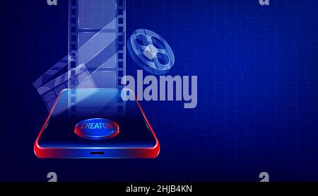 video editor on smartphone. luxury transparent glass equipment of film movie creator for your make clip and make it online. plaid background style. ve Stock Vector