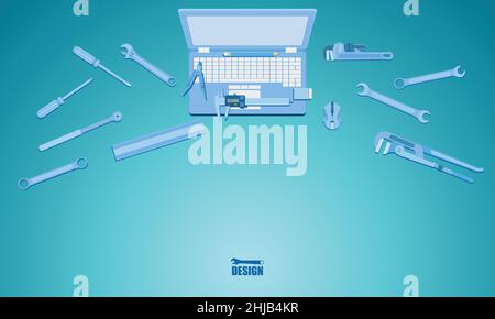 engineering design concept top view around with screwdriver wrench ruler vernier caliper cheater bar vector illustration eps10 Stock Vector