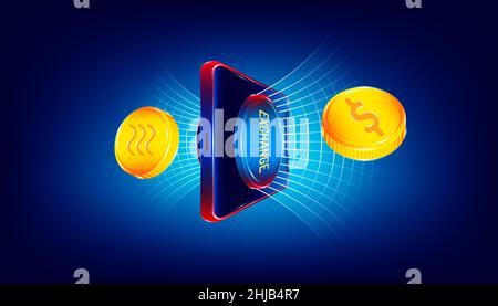 luxury exchange button on smartphone for transfer  between dollar and libra coin money currency via futuristic world wide net tube. background style. Stock Vector