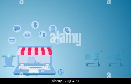 laptop business marketing concept. sale shopping online with tree cart pen eraser vector illustration eps10 Stock Vector