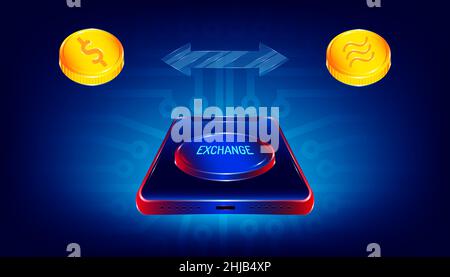 luxury exchange button on smartphone for transfer between dollar and libra coin money currency. electronic circuit print background style. vector illu Stock Vector