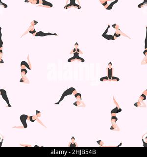 pattern seamless set of yoga. pose fitness girl black uniform. vector illustration eps10 Stock Vector