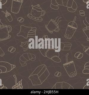 pattern seamless set of croissant and coffee. drawing doodle design style. vector illustration eps10 Stock Vector