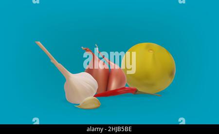 set of realistic flavoring vegetable of thai food with garlic pepper shallot lemon. vector illustration eps10 Stock Vector