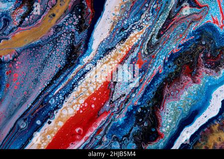 Liquid acrylic background, abstract illustration, fluid art with spots, streaks, paint mixing. Magic pattern for invitations, certificates, postcards. Stock Photo