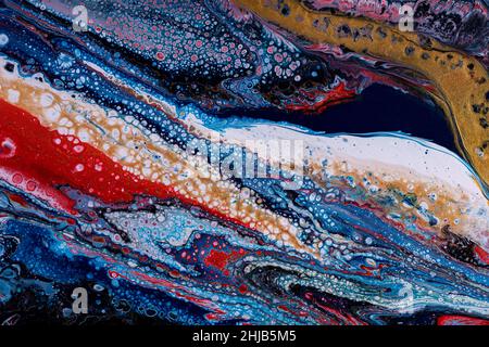 Liquid acrylic background, fluid art with spots, streaks, mixing white, blue, red, gold paints, abstract illustration. Modern pattern for invitations, Stock Photo