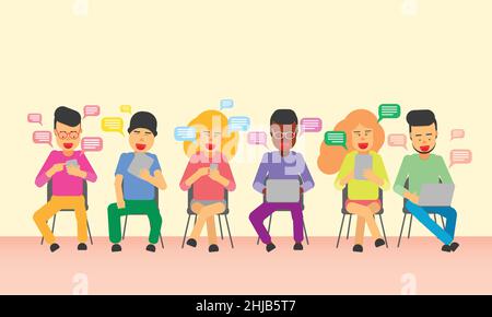male and female sit on chair use technology laptop smartphone. trends internet lifestyle. vector illustration eps10 Stock Vector