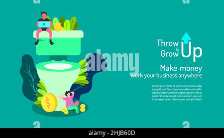 throw up and grow up. two human looking at laptop analyze and develop process job. business marketing concept. detroy the weakness point and fast Stock Vector