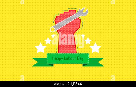 happy labour day 1 may. hand holding a tool show up. engineering design concept with screwdriver wrench ruler vernier caliper cheater bar.vector illus Stock Vector