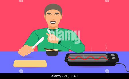 free space on the chalice butcher and electric toaster for your food promotion. a man happy while eating meal recommended. on left hand holding a spoo Stock Vector