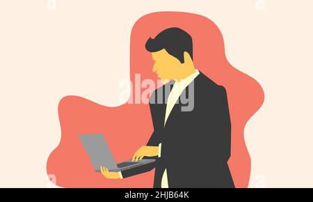 a man looking at laptop on hand for working. vector illustration eps10 Stock Vector