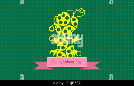 happy labour day 1 may. yellow hand show up a tools. engineering design concept with screwdriver wrench ruler vernier caliper cheater bar.vector illus Stock Vector