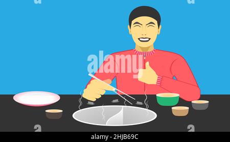 free space on the chalice dish and electric pot for your food promotion. a man happy while eating meal recommended and acting give a like on left hand Stock Vector