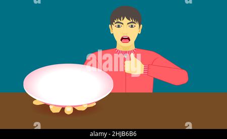 free space on dish for your food promotion. a man show a ware and give a like hand for meal recommended. vector illustration eps10 Stock Vector