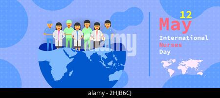 12 may. international nurses day. female doctor group stand on a half earth map different. vector illustration ep10 Stock Vector