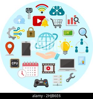 Technology (business, network etc. ) icon set arranged in a circle Stock Vector
