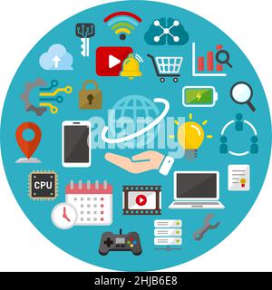 Technology (business, network etc. ) icon set arranged in a circle Stock Vector